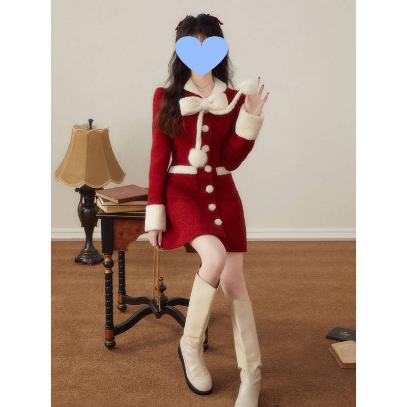 Women's Winter Christmas New Year Red Woolen Coat - Nioor