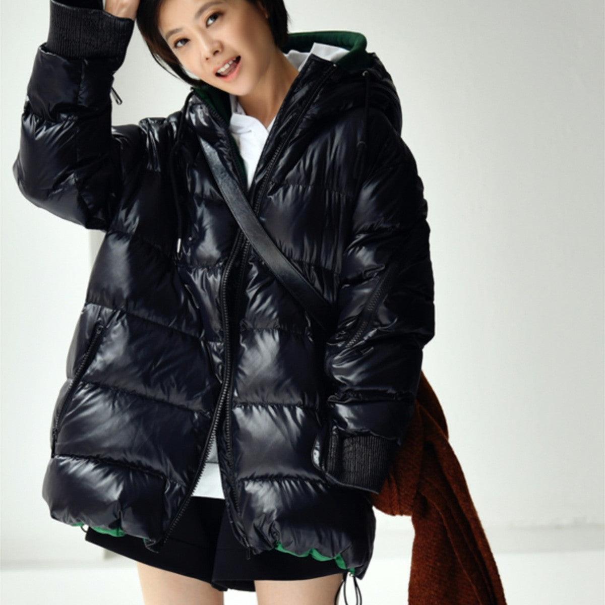 Contrast Stitching Fake Two-piece Loose And Thickened Bright Hooded Down Jacket - Nioor