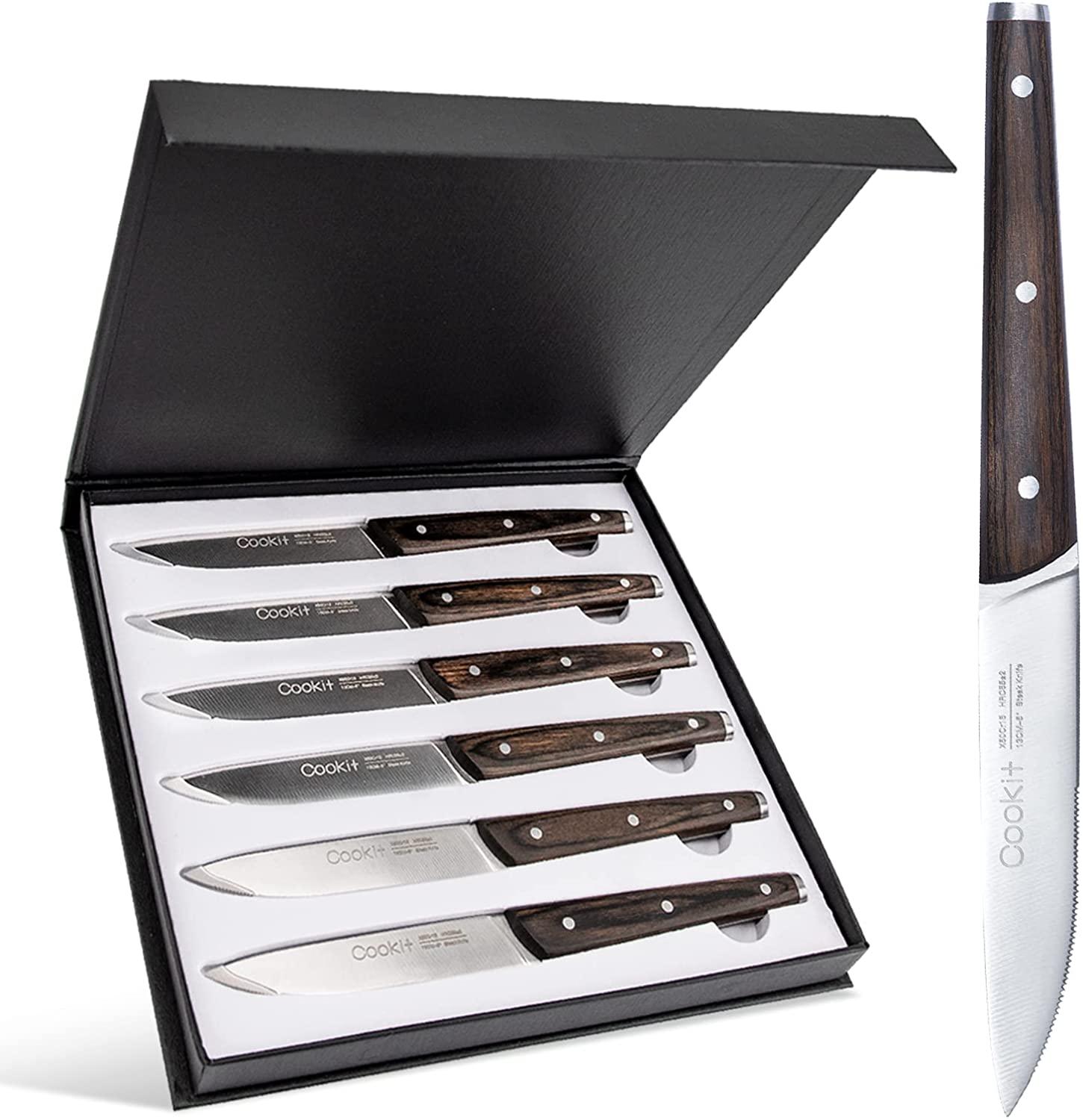 6Pcs Steak Knife Set Serrated Stainless Steel Utility with Wooden Handle for Home Dining Restaurant - Nioor