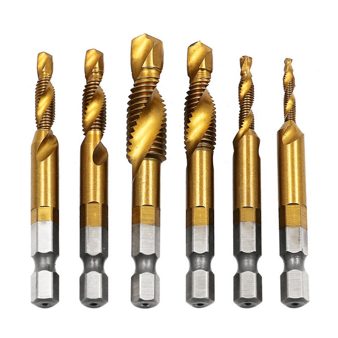 6pcs/set 1/4'' Hex HSS High Speed Steel Thread Spiral Screw M3 M4 M5 M6 M8 M10 Metric Composite Tap Drill Bit Tap - Nioor