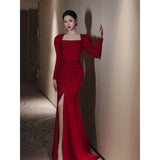 Bride Fishtail Square Collar Long Sleeve Design Simple Satin Evening Dress - Nioor