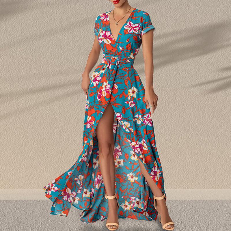 Printed Waist-controlled Split Dress - Nioor