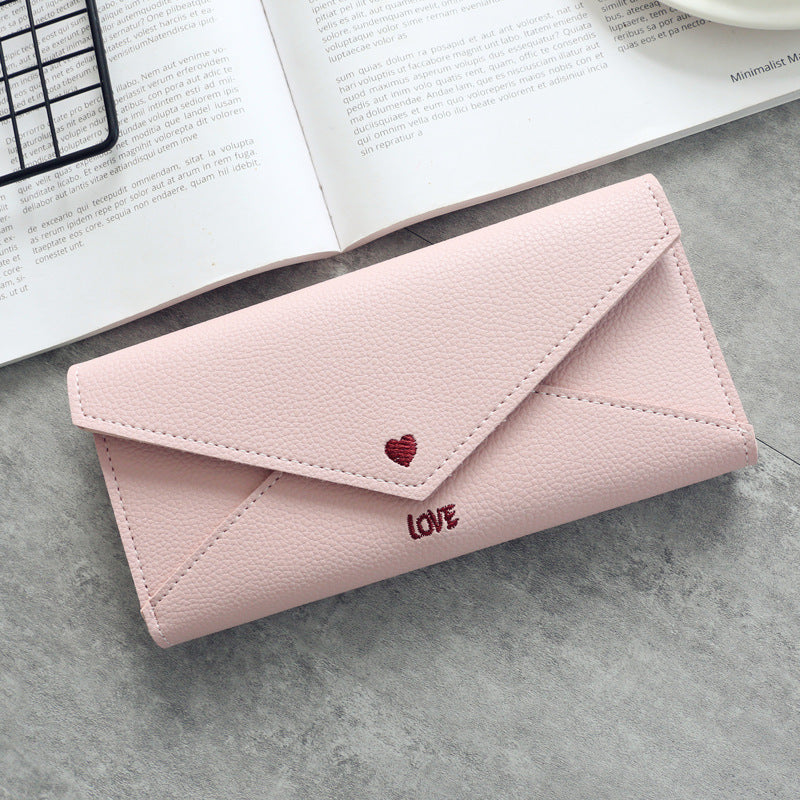 Women's Long Heart-shaped Letter Embroidery Line 2 Fold Multifunctional Simple Wallet Student Multifunctional Wallet