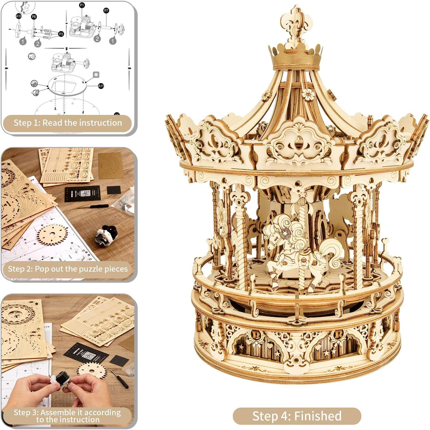 Robotime Rokr 3D Wooden Puzzles Construction Model Kit DIY Music Box Building Kits Rotating - Romantic Carousel - Nioor