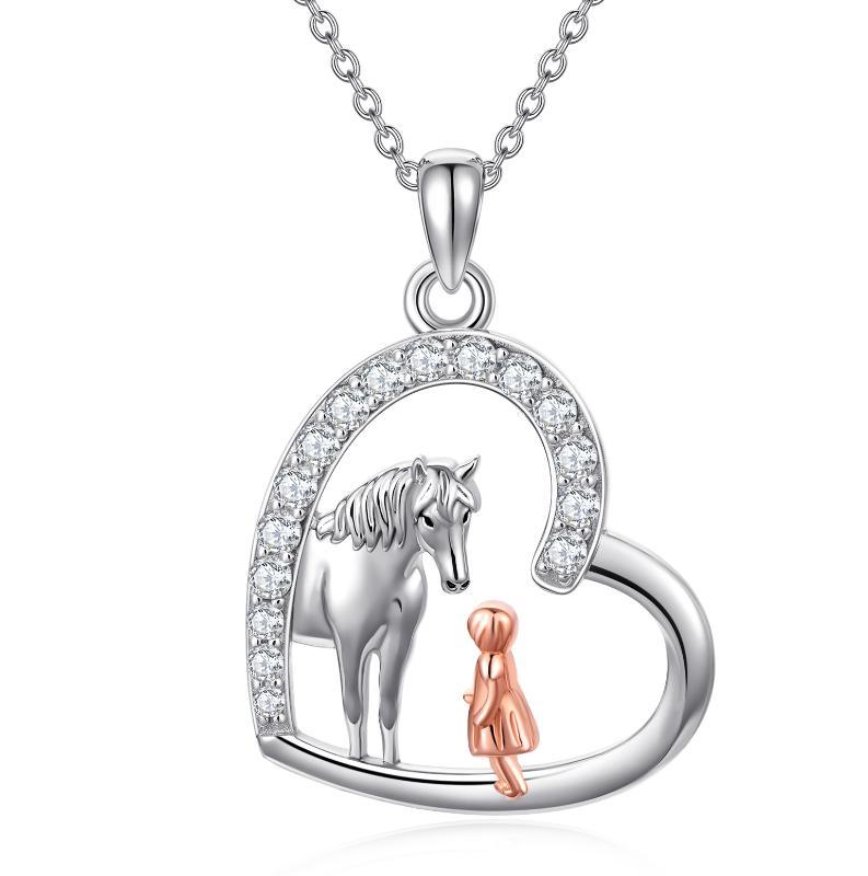 Sterling Silver Heart Horse and Girl Pendant Necklace Jewelry Gifts for Women Girls Kids - Nioor