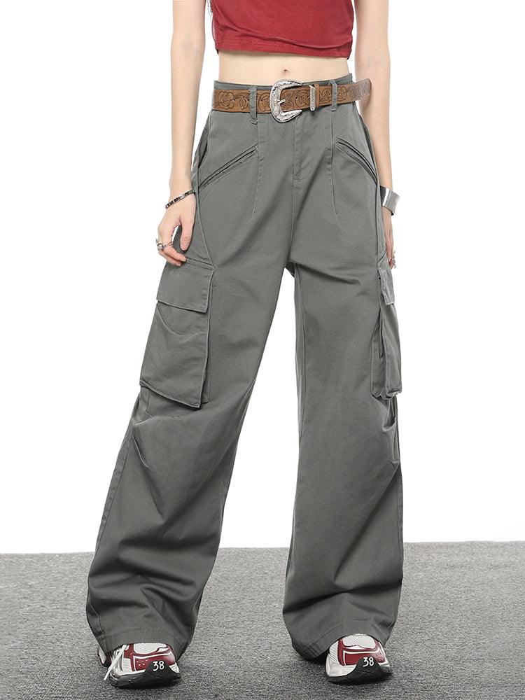 Multi Pocket Loose Casual Straight Wide Leg Pants - Nioor