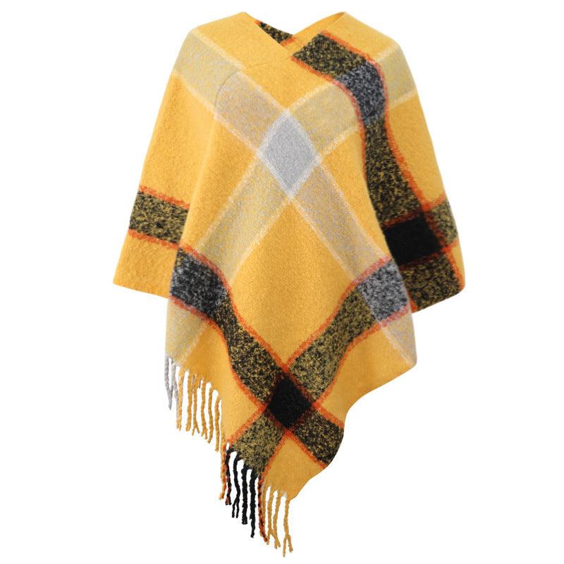 Cashmere Contrast Color Striped Cape Knitted Tassel Scarf - Nioor