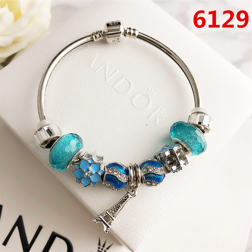 Round Bracelet Diamond Transparent Crystal Bracelet Silver Plated Glacier Blue Bracelet