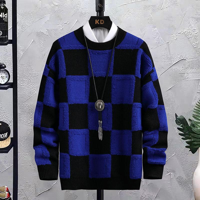 Men's Trendy Plaid Round Neck Sweater Loose - Nioor