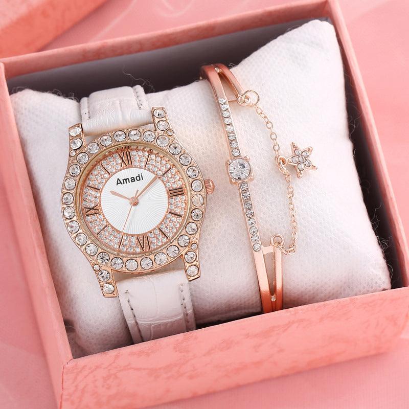 Women's Diamond-embedded Roman Face Simple Fashion All-match Quartz Watch Gift Box - Nioor