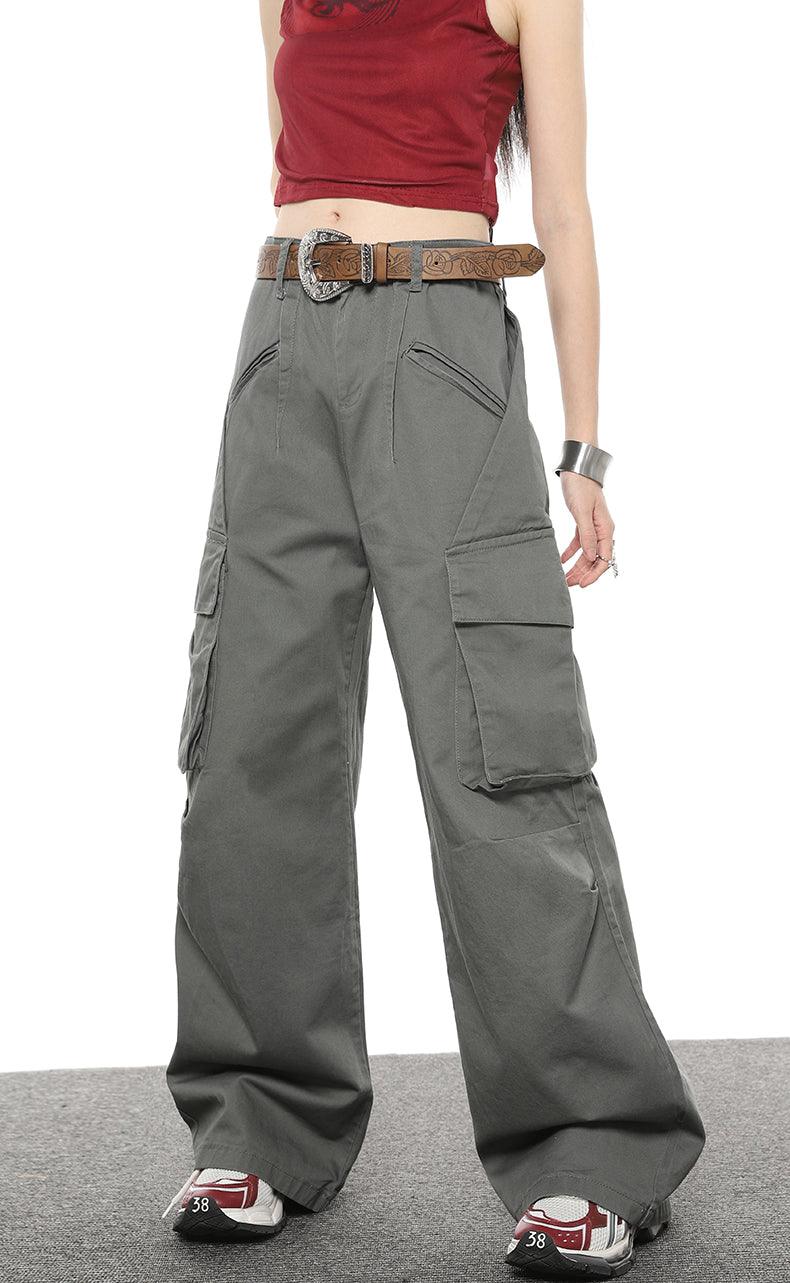 Multi Pocket Loose Casual Straight Wide Leg Pants - Nioor