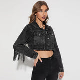 Women's Fashionable Fringed Stitching Distressed Denim Jacket - Nioor