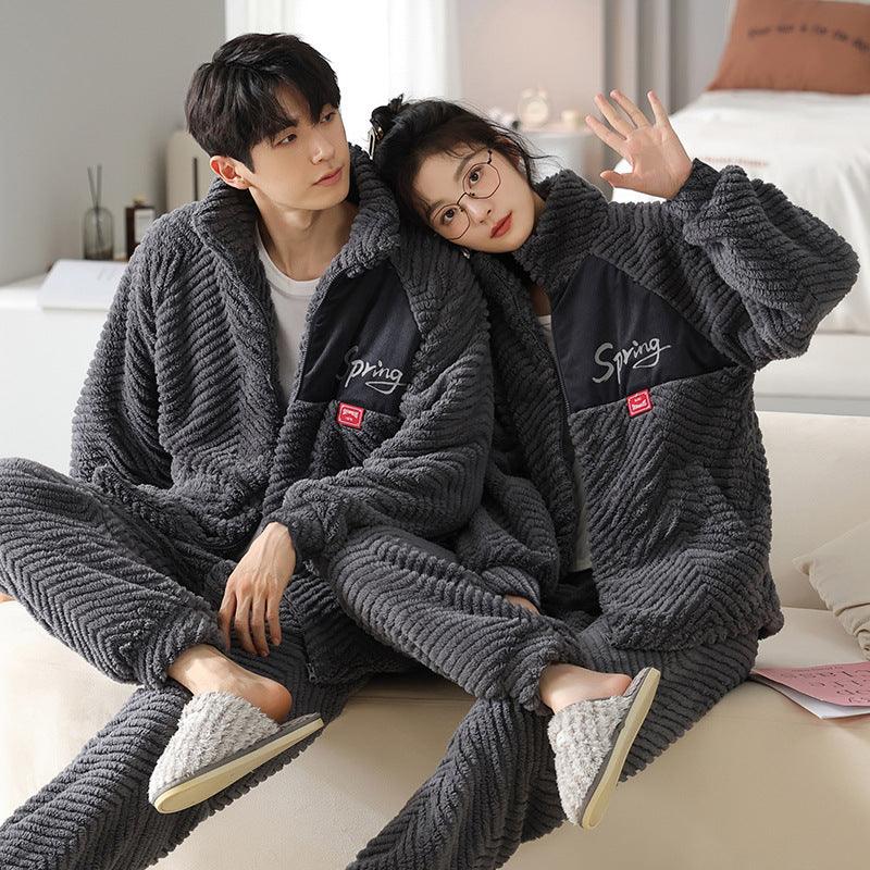 Flannel Couple Pajamas Men's Autumn And Winter Thickened Keep Warm New Zipper Cardigan Cute Coral Fleece Homewear - Nioor