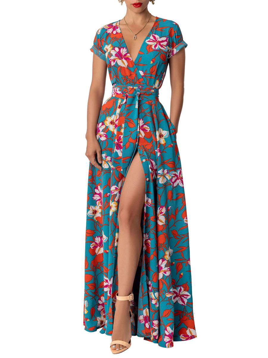 Printed Waist-controlled Split Dress - Nioor