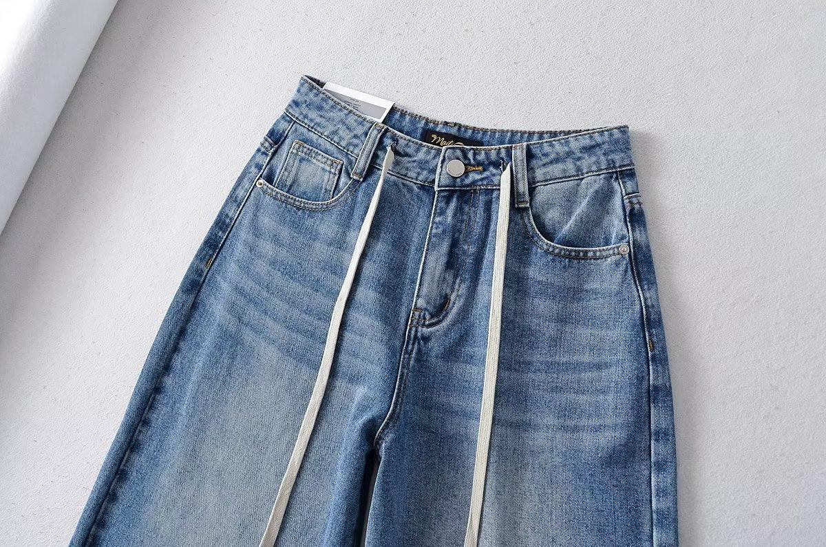 New High Waist Drawstring Ribbon Casual Loose Straight Jeans - Nioor