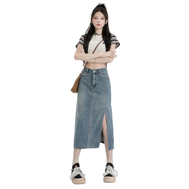 Women's Orange Silk Split Denim Skirt For Hot Girls Summer High Waist - Nioor