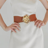 Elegant Women's Stretch Elastic Belt Metal Large Flower Needle Buckle Decorated Dress Shirt Waist Belt - Nioor