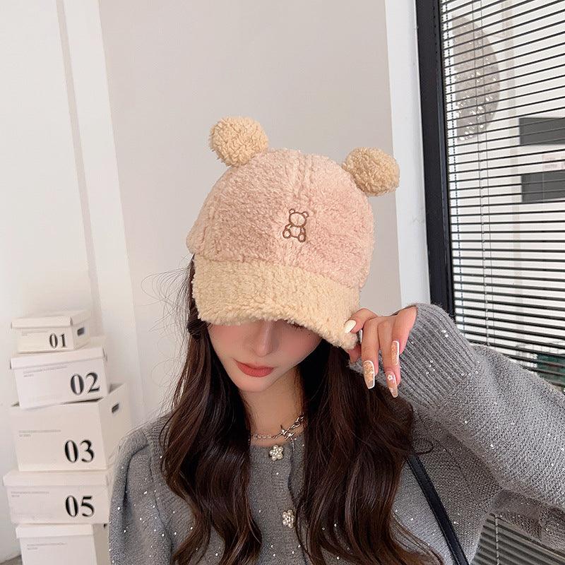 Little Bear Niche Cute Cartoon Autumn And Winter Lamb Fur Peaked Cap - Nioor