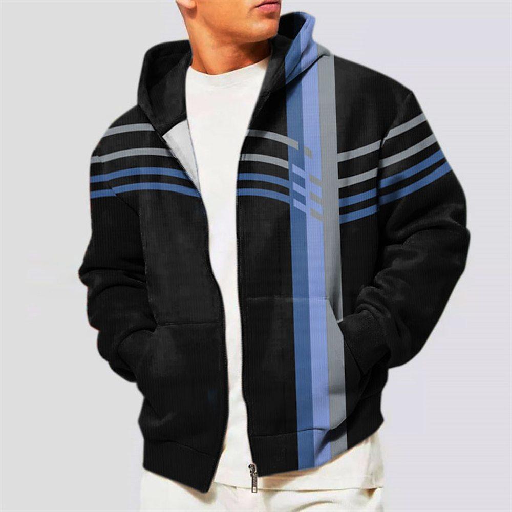 Men's Hoodie Jacket Coat Zipper Hooded Sweatshirt Sports Classic Casual Striped Pattern Printed Gradient Coat - Nioor