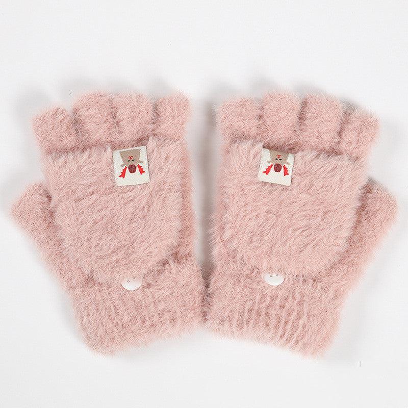 Knitted Plush Flap Half Finger Gloves - Nioor