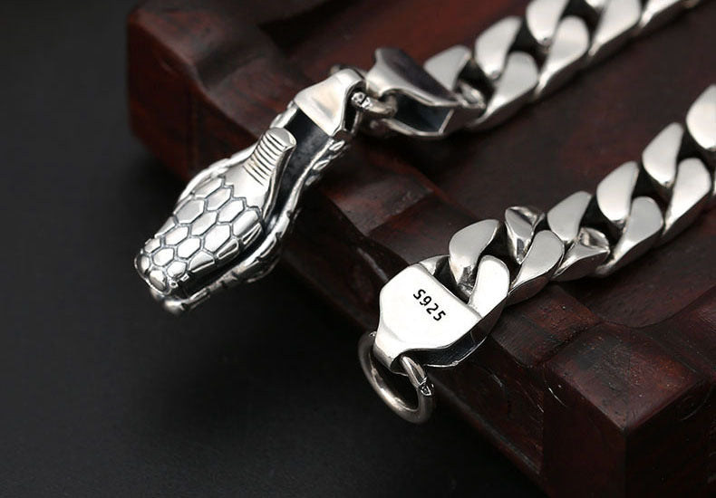 Sterling Silver Wrist Chain Ornament Trendy Thai Silver Hipster Snake Head Buckle Nude Men's Bracelet