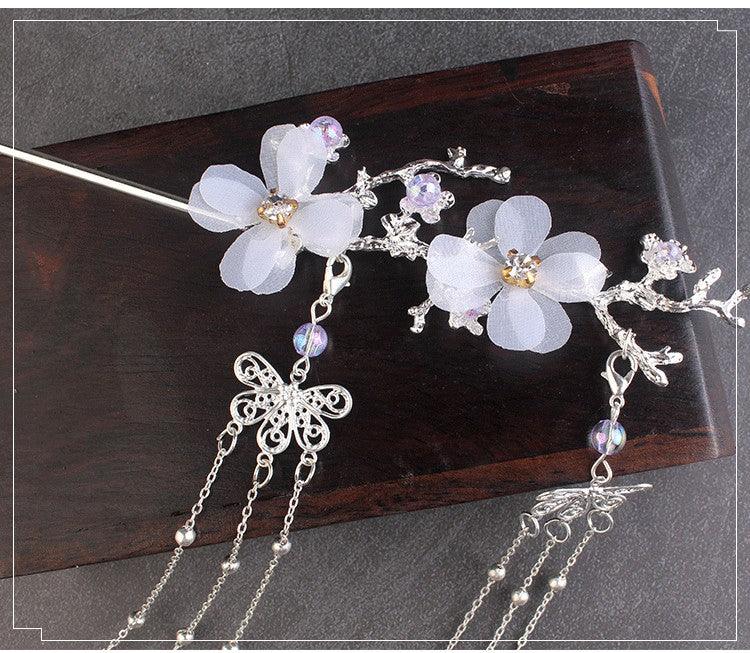 Ancient Style Hair Accessories Hanfu Plum Blossom Branch Tassel Hairpin White Flower Drill - Nioor