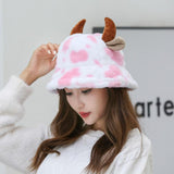 Cow Pattern Fisherman Hat With Cute Horn Winter Fashion Thickened Warm Plush Hat For Women - Nioor