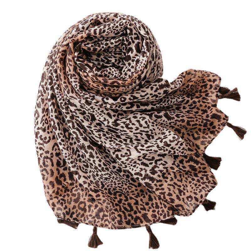 Fashion Large Leopard-print Personality Voile Silk Scarf Coffee Color Gradient Handmade Tassel Sun-proof - Nioor