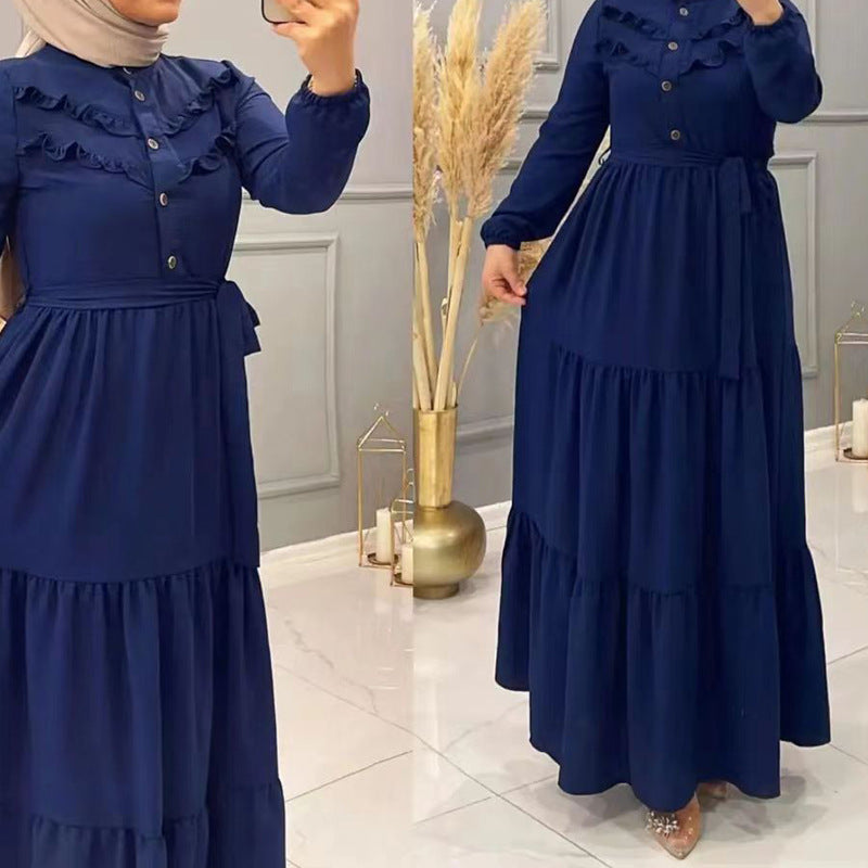 New Muslim Robe Solid Color With Belt Fashion Casual Dress