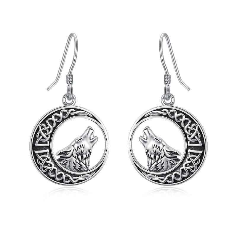 Wolf Celtic Moon Dangle Drop Earrings in Sterling Silver - Nioor