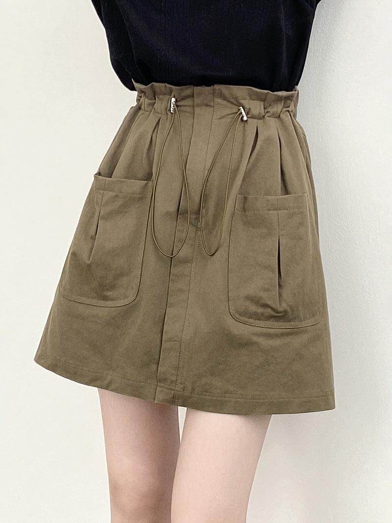 Drawstring Elastic Waist Skirt Large Workwear With Pocket Skirt - Nioor