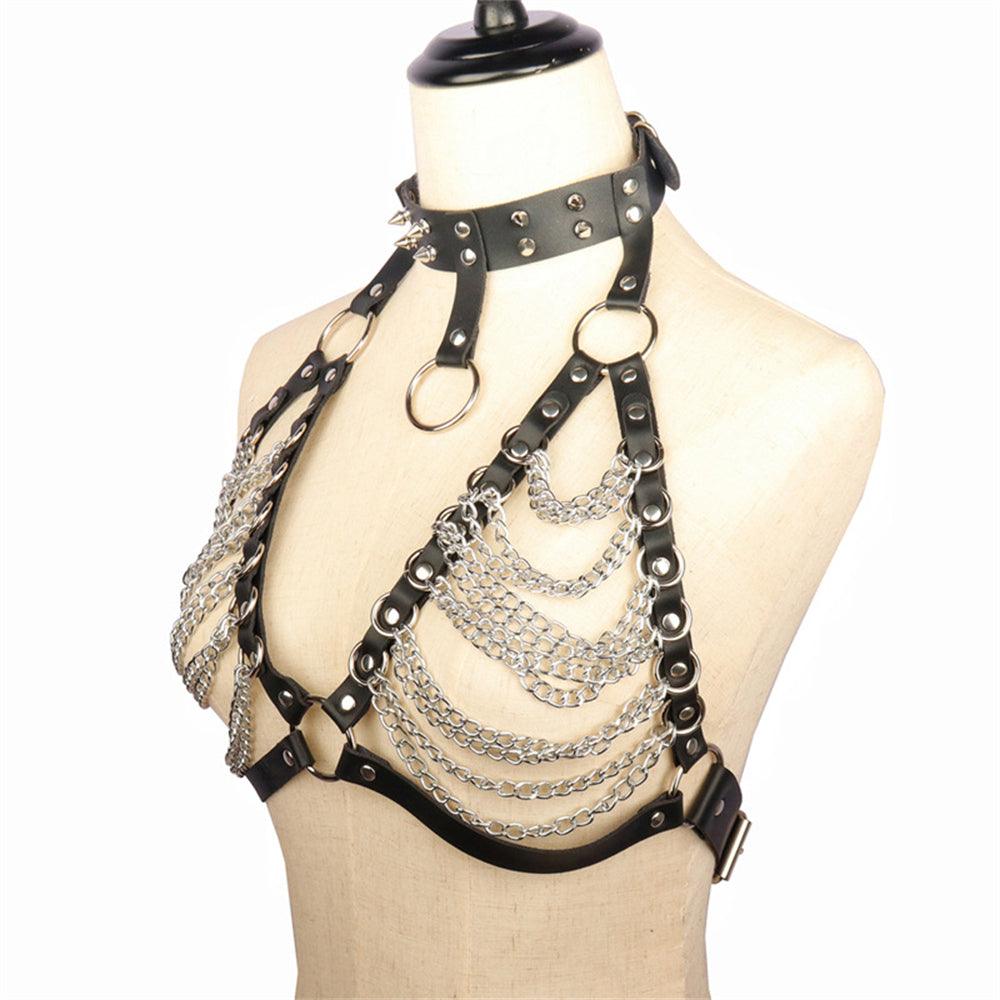 Handsome Lady Studded Punk Collar Belt Nightclub Sexy Metal Chain Strap Punk PU Harness - Nioor