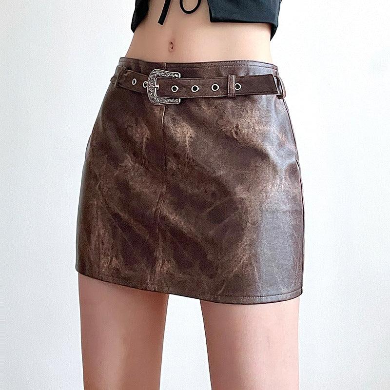 Women's Fashion Brown Vintage Tie-dye Leather Skirt - Nioor