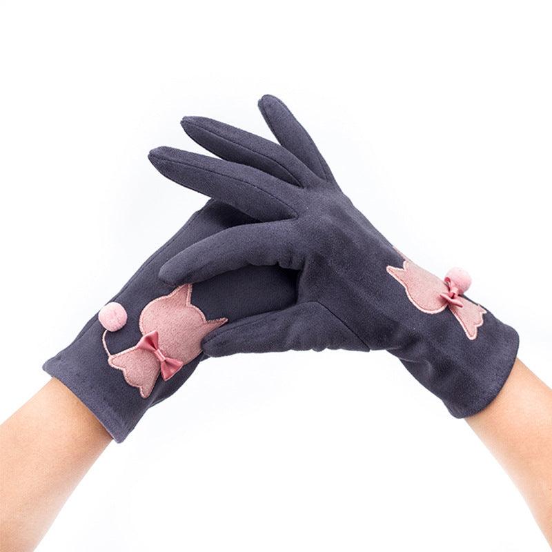 Autumn And Winter Embroidered Cat Touch Screen Gloves Suede Thickened Fleece-lined Riding Warm Gloves - Nioor