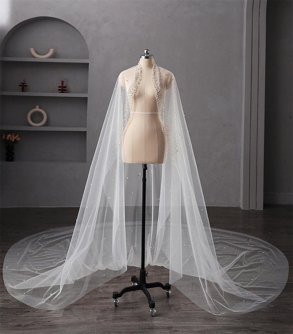 Pearl Wedding Veil 1 Layer Long Bridal Cathedral Veil - Nioor