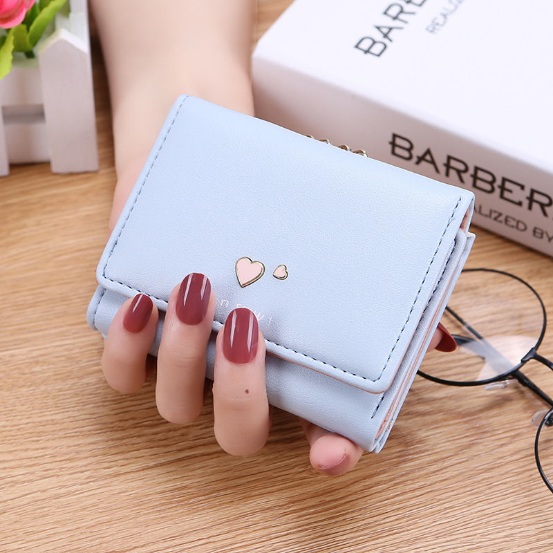 Three Fold Two Hearts Women's Purse Female Student Cute Coin Purse Short Style Multi-card Clip