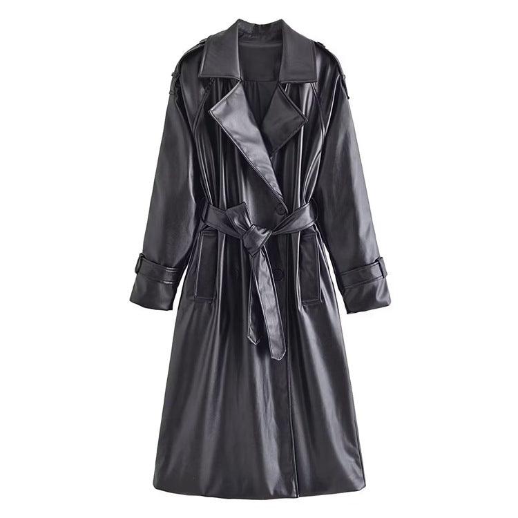 Women's Clothing AutumnLong Sleeve Slim Fit With Belt Imitation Leather Trench Coat - Nioor