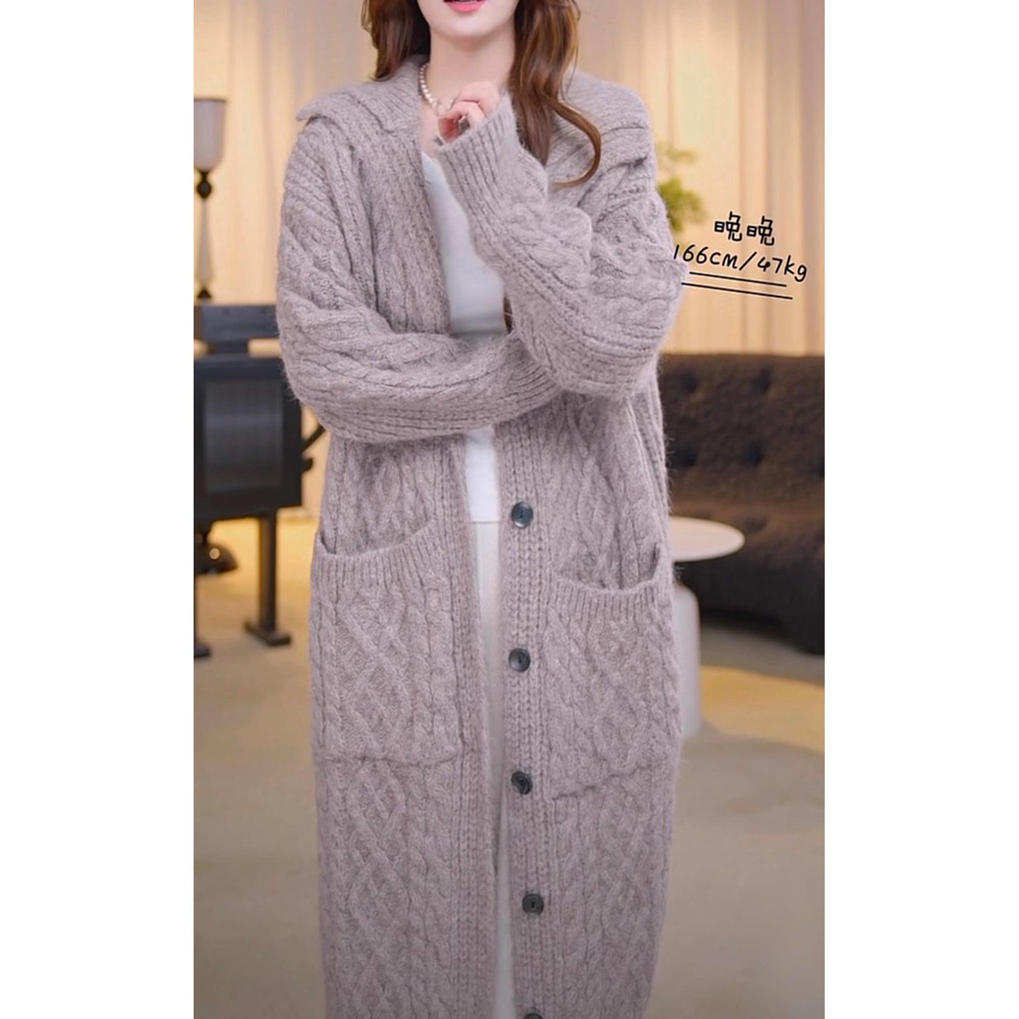 High Collar Thickened Twist Sweater Coat, Gray Cozy Over-knee Knitted Cardigan Long Sweater, Boho Women Sweater, Womens Winner Clothing - Nioor