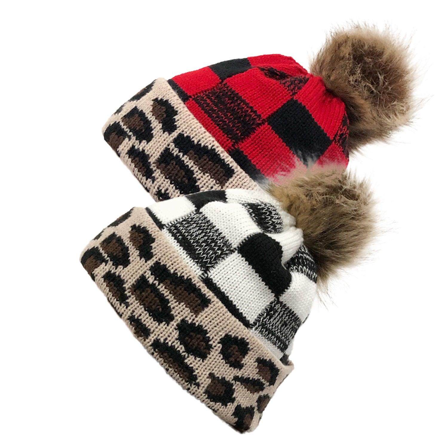 Plaid Fur Ball Knitted Hat Women's Warm Beanie Hat Jacquard Hat Woolen Cap Sleeve Cap - Nioor