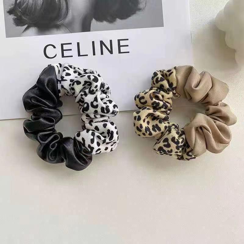 Leopard Print Leather Stitching New Color Block Large Intestine Hair Ring - Nioor