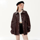 Leather Jacket Lapel Loose Retro Top - Nioor