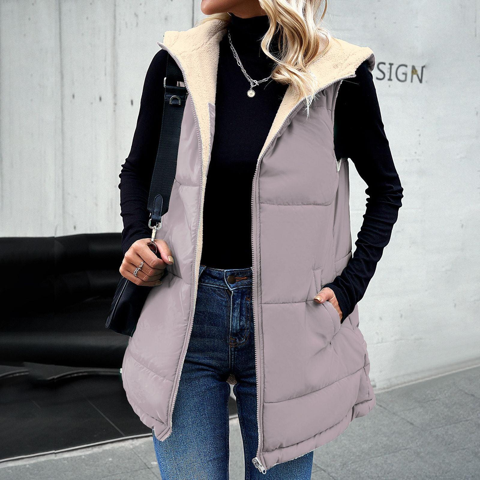 Winter Vest Women Loose Commuting Mid-length Hooded Cotton Jacket With Pockets Fashion Warm Zipper Fluffy Coat Outdoor Clothing - Nioor