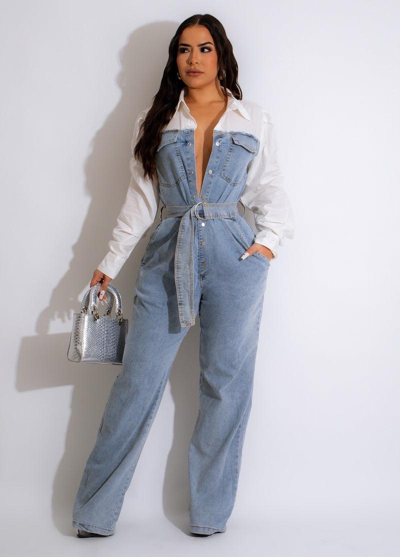 Casual Denim Stitching Plus Size Jumpsuit - Nioor