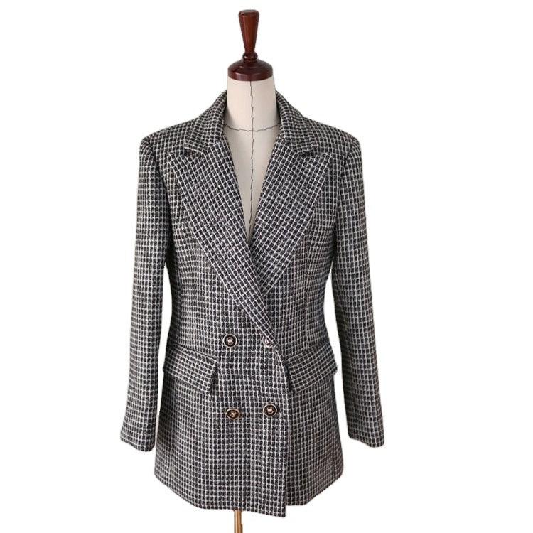 Double Breasted Loose Thin Thousand Bird Check Thickened Coat - Nioor