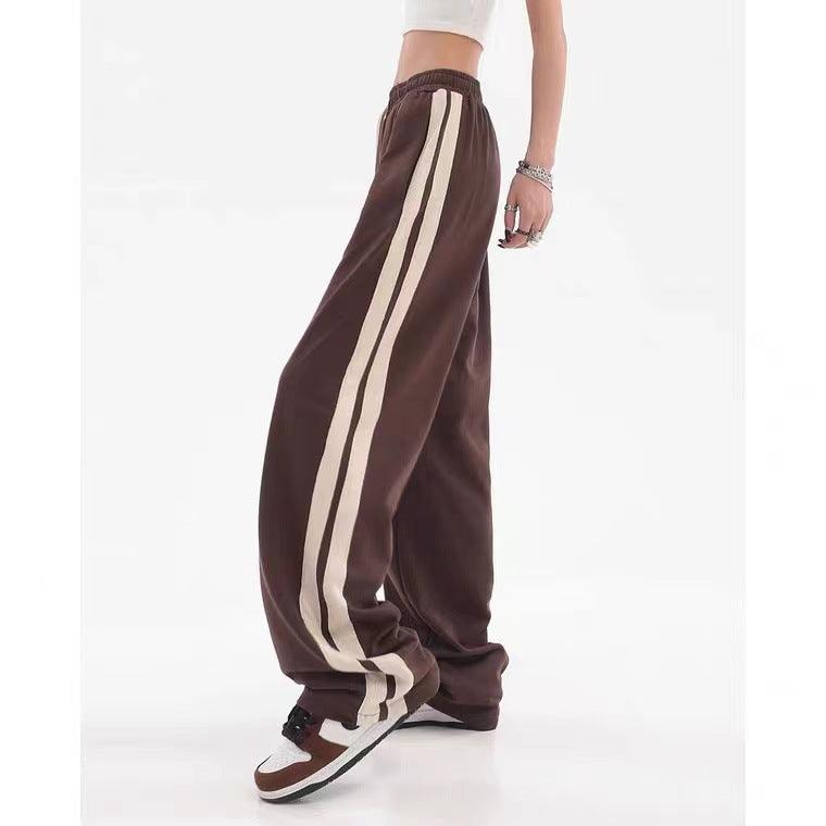 Brown American Retro Casual Pants Women's High Street Drawstring Velvet Padded Loose - Nioor