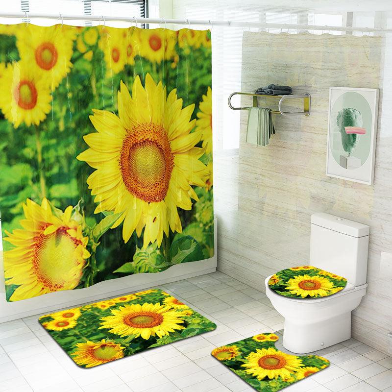 Sunflower Printed Shower Curtain Floor Mat Four-Piece Set - Nioor