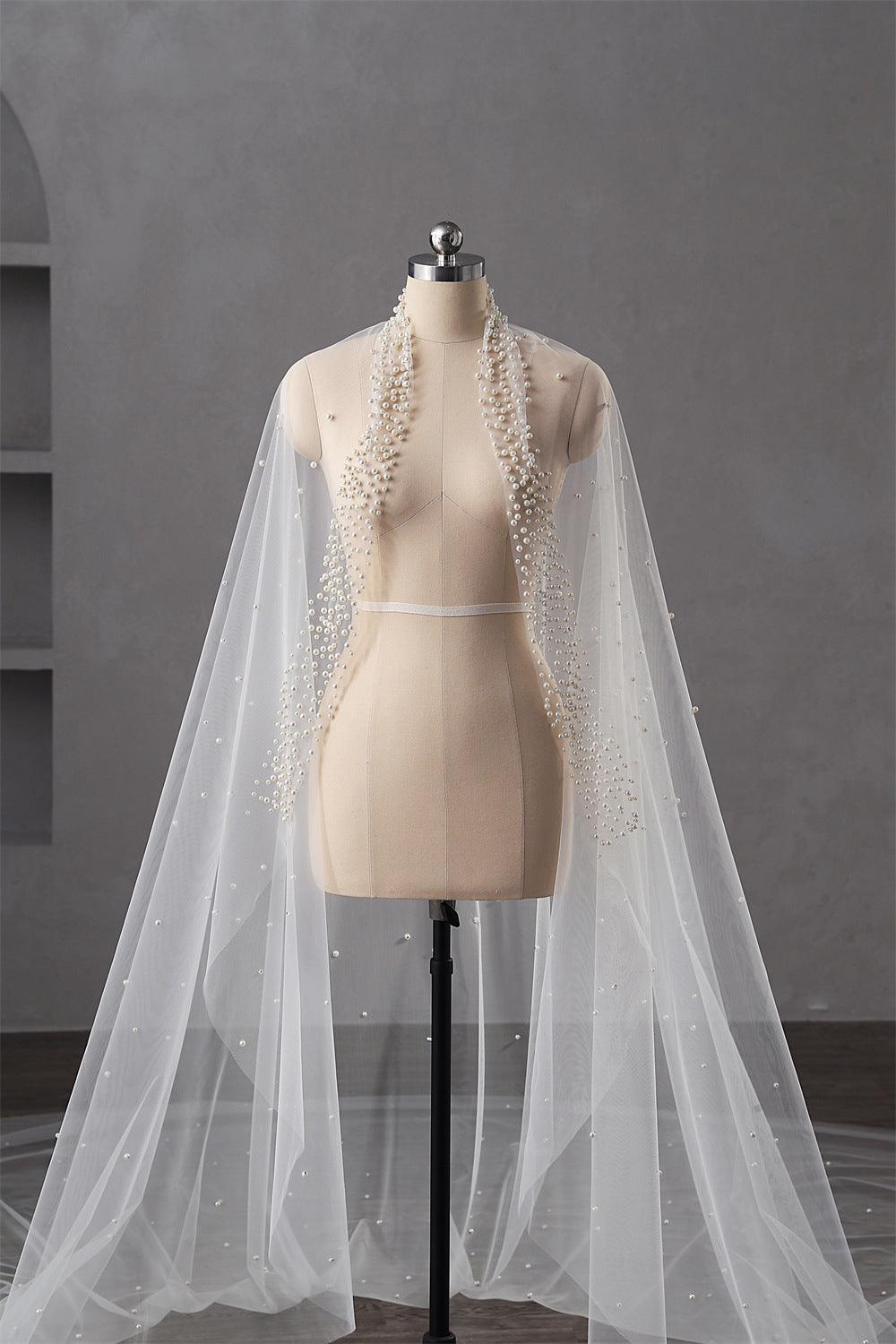 Pearl Wedding Veil 1 Layer Long Bridal Cathedral Veil - Nioor