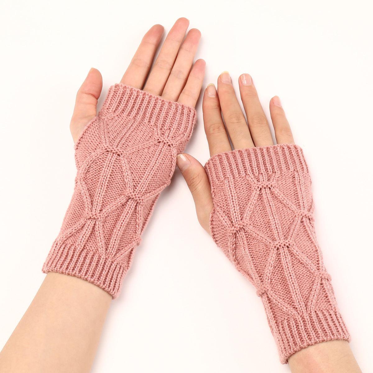 Rhombus Fashion Oversleeve Knitted Wool Keep Warm Half Finger Gloves - Nioor