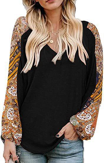 Women's New Loose V-neck Balloon Splicing T-shirt Women - Nioor