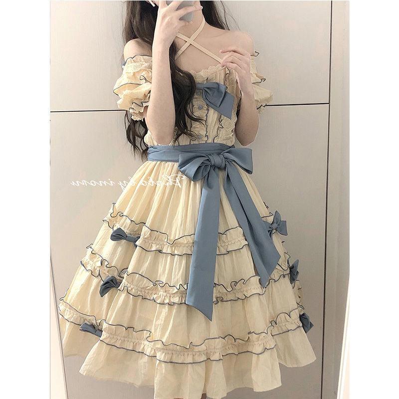 French Lolita Princess Dress Western Style Puff Sleeve Stitching Lace - Nioor